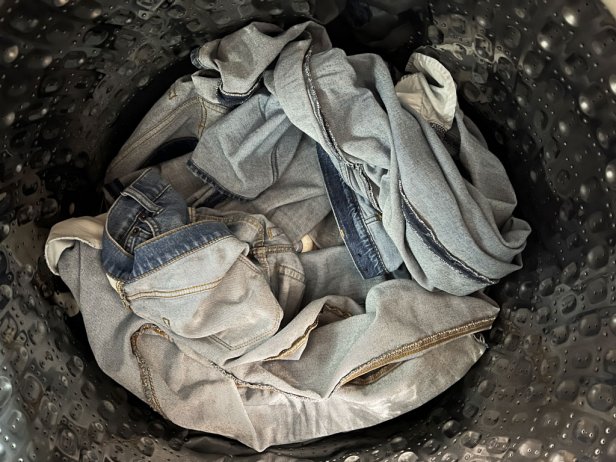 Denim in a washing machine.