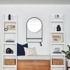 White Shelves and Wood Bench