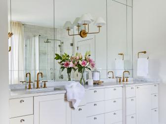 White Bathroom With Pink Lilies