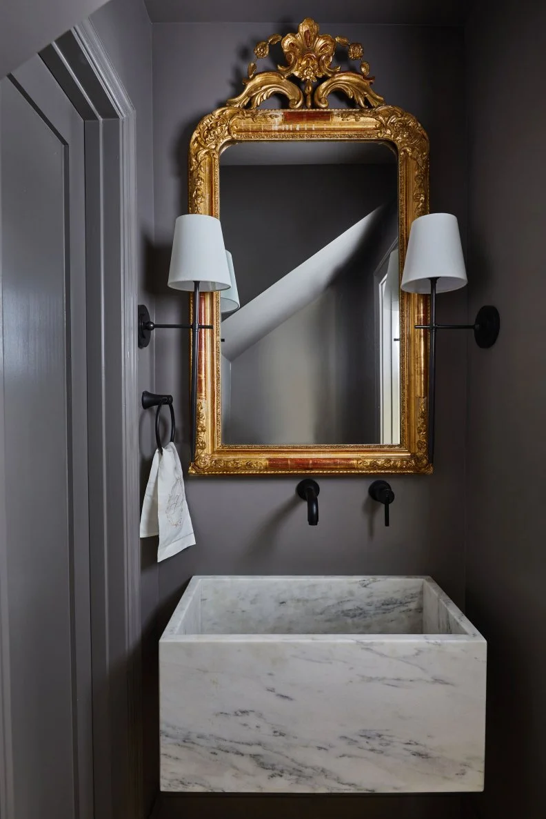Gray Powder Room With Gold Mirror
