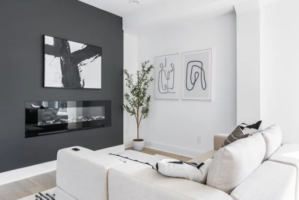 Electric Fireplace On a Gray Accent Wall Built by Kevin Copeland