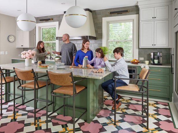 Family Cooking in Their Eclectic Kitchen With a Colorful Floor