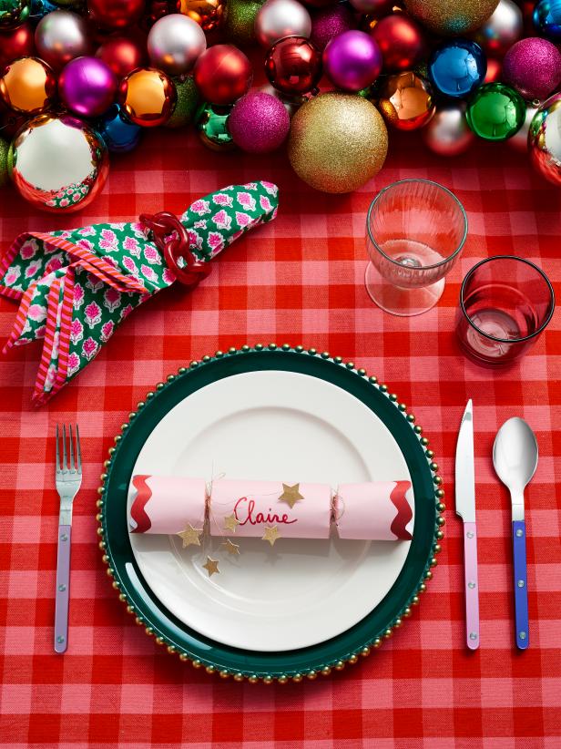 Colorful Christmas Table Setting With Ornament Garland