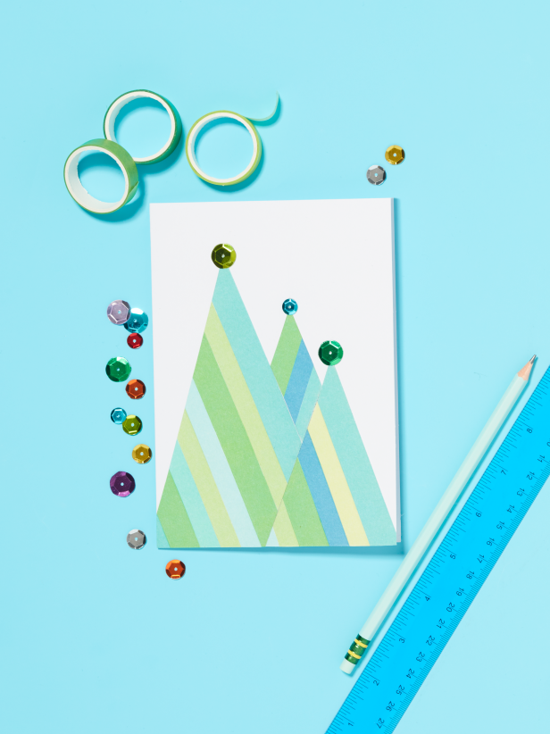 Blue and Green Christmas Card With DIY Washi Tape Trees