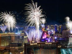 Fireworks exploding over the Strip as Las Vegas rings in the new year in 2022.