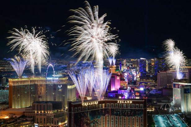 Fireworks exploding over the Strip as Las Vegas rings in the new year in 2022.