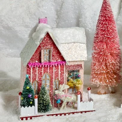 ORIGINAL Dicken's Christmas Tree Lot / Glitter House / buying Christmas Village / Putz / cardboard village /Handcrafted/Glitter House /Tree Farm