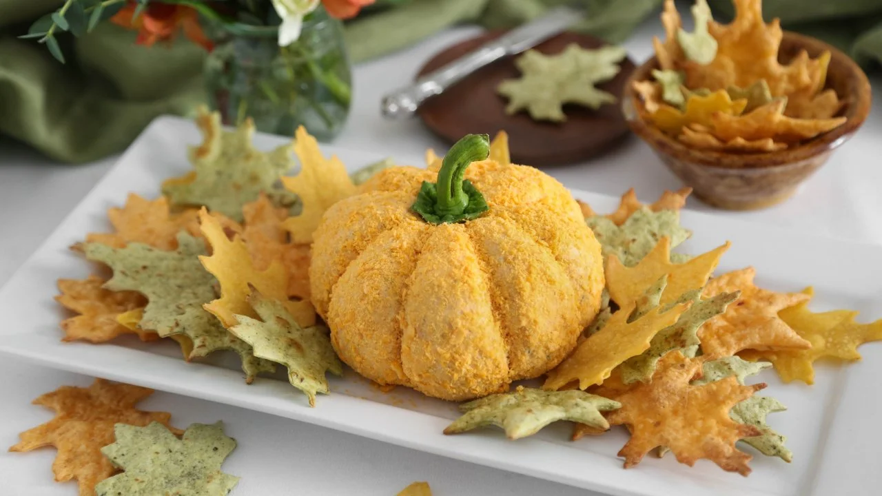 Fall Appetizer Recipe: Pumpkin-Shaped Cheeseball With Leaf-Shaped Tortilla Chips | HGTV