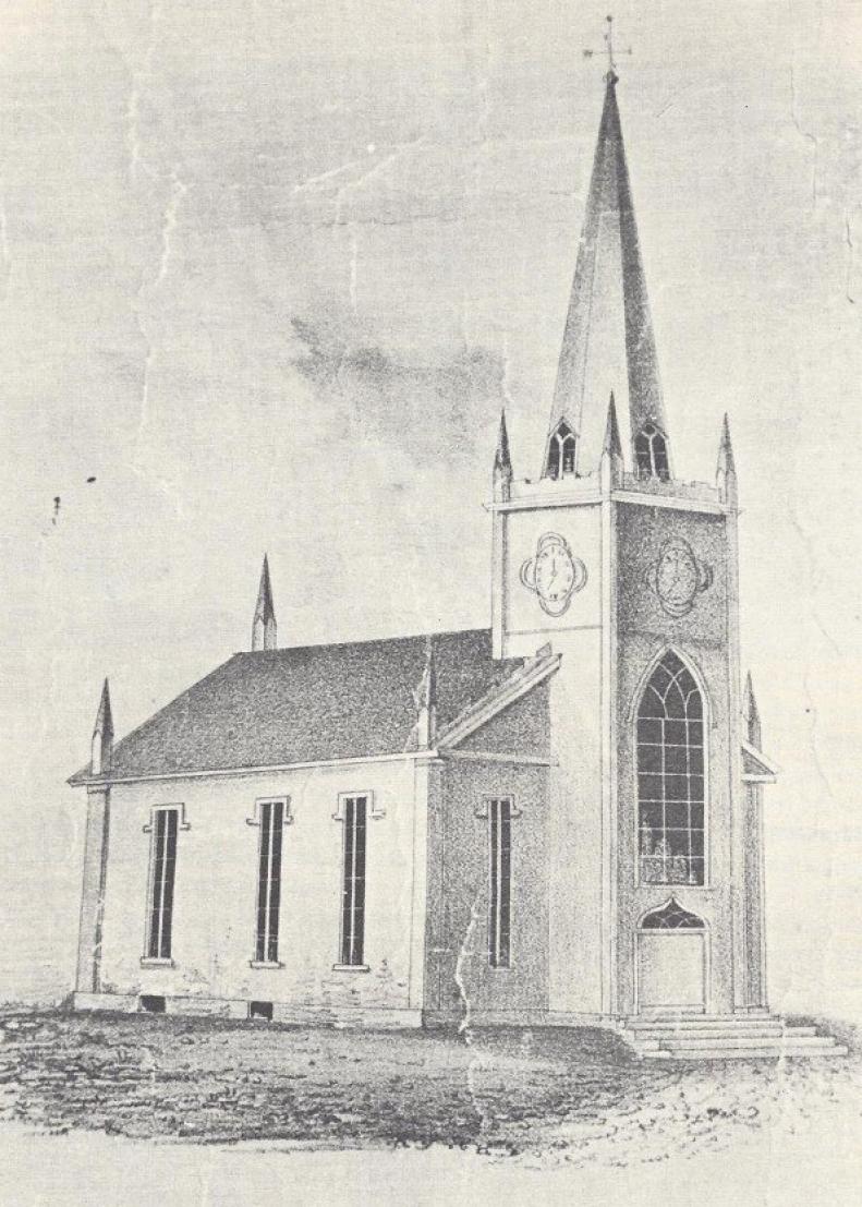 Etching of church with long windows and steeple with narrow roof.