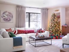 Contemporary, Neutral Family Room With a Christmas Tree