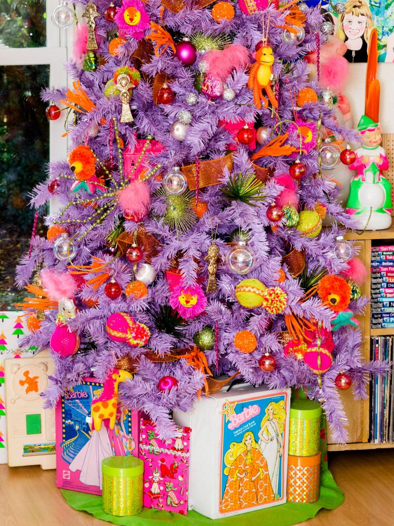 Purple Christmas Tree With Vintage Barbie Cases