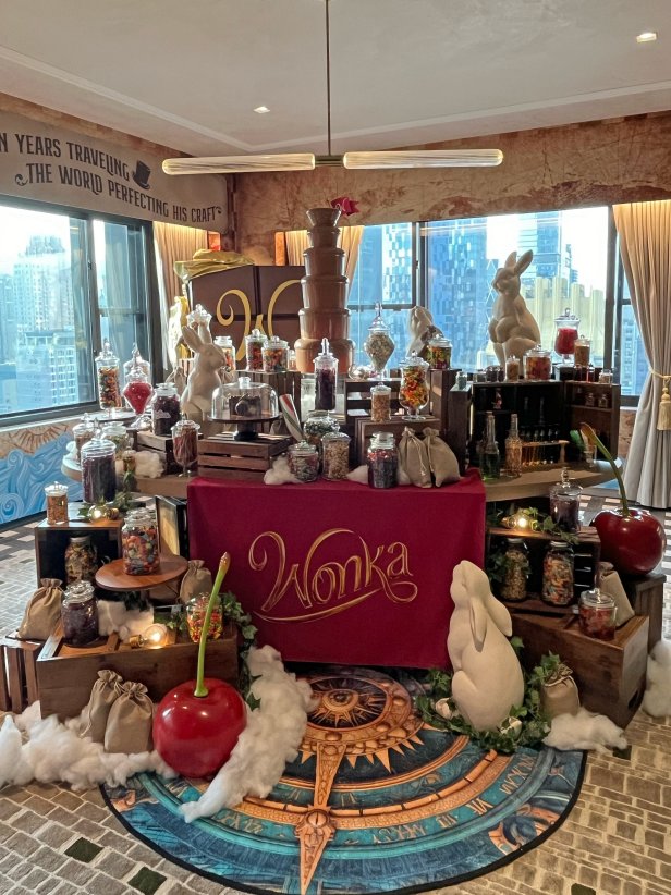 Candy Display With a Chocolate Fountain in NYC Hotel