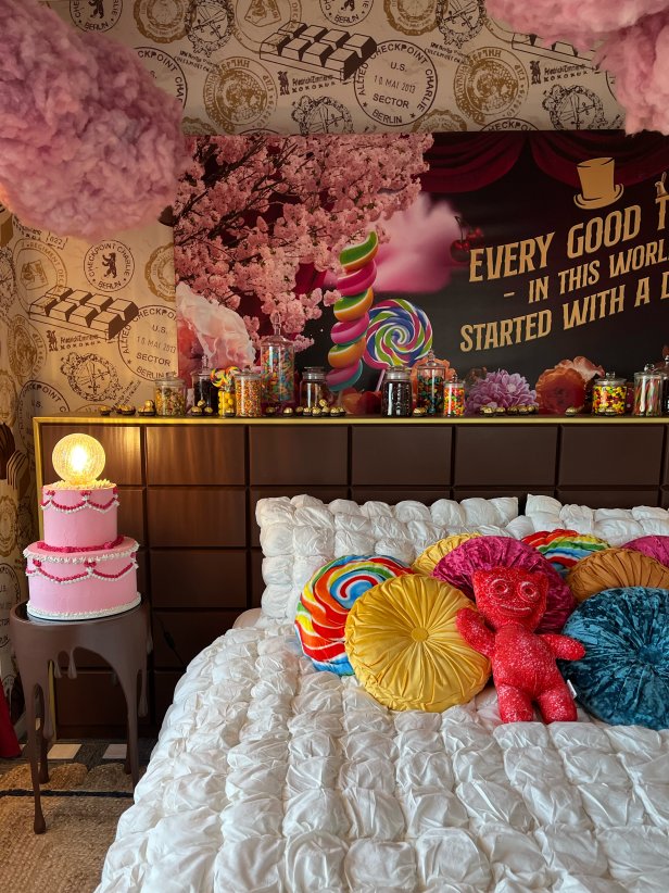 Bedroom in Willy Wonka-Themed Suite With Candy Accessories