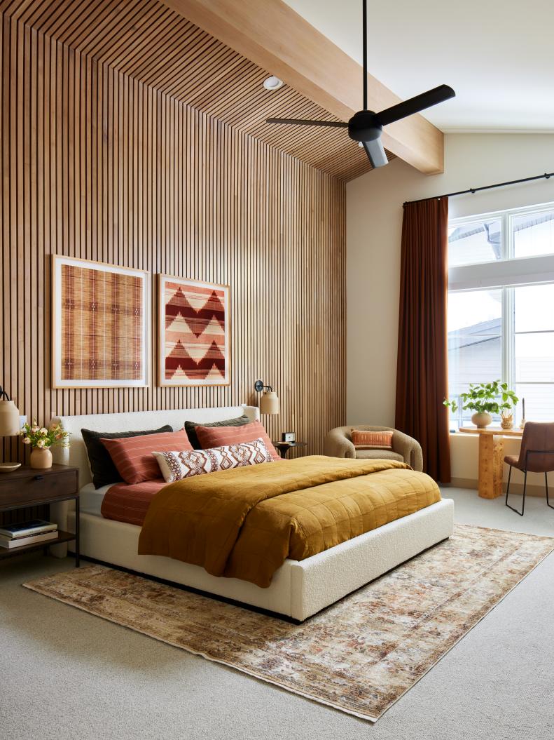 Bedroom With Warm Wood Tones and Cozy Textiles