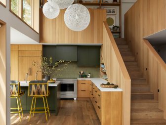 Modern Green Kitchen With Natural Wood Paneling