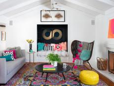 Funky White Living Room With Multicolor Decor and Art
