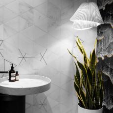 Gray Modern Powder Room With Starry Wallpaper