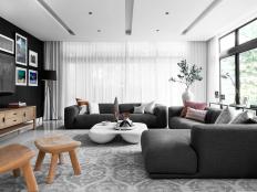 Gray Modern Media Room With Gallery Wall