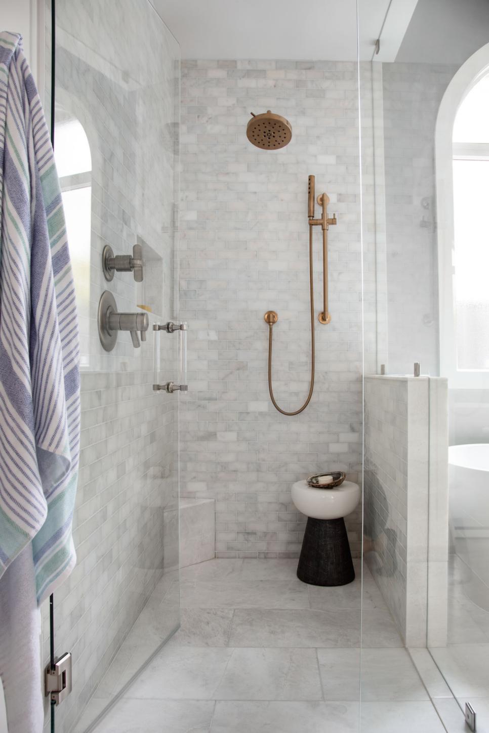 Gray Walk In Shower With Black and White Stool HGTV