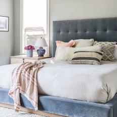 Gray Contemporary Bedroom With Blue Bed