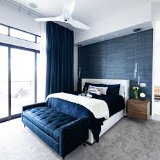 Blue and White Contemporary Bedroom With Bench