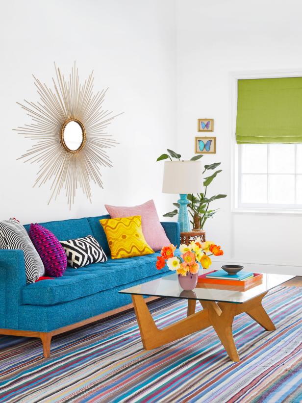 Midcentury Modern Living Room With a Blue Sofa | HGTV