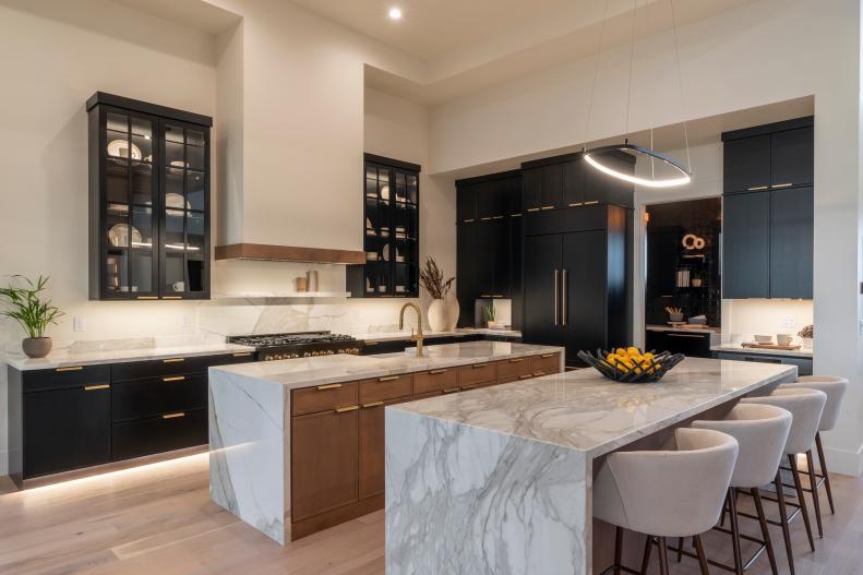 Team Page Turner and Mitch Glew's finished kitchen showcases a double island with waterfall countertops, as seen on Rock the Block, Season 4. (After, Matches Kitchen Before 0017)