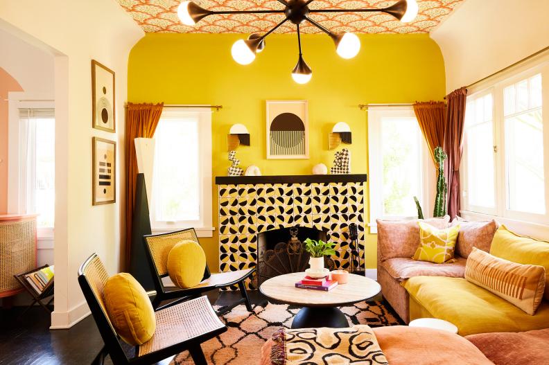 Yellow, Black and Orange Living Room With Modern Chandelier, Wallpaper