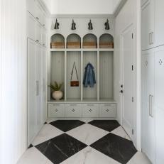 White Cottage Mudroom With Checked Floor