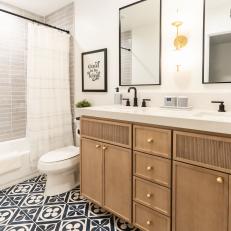 Neutral Transitional Bathroom With Blue Graphic Floor