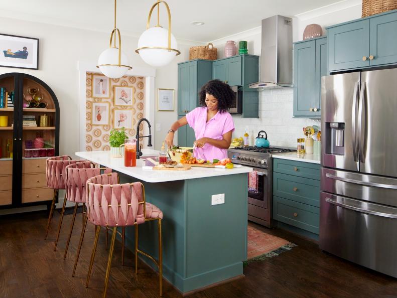 Blue-Green Kitchen With Pink Accents