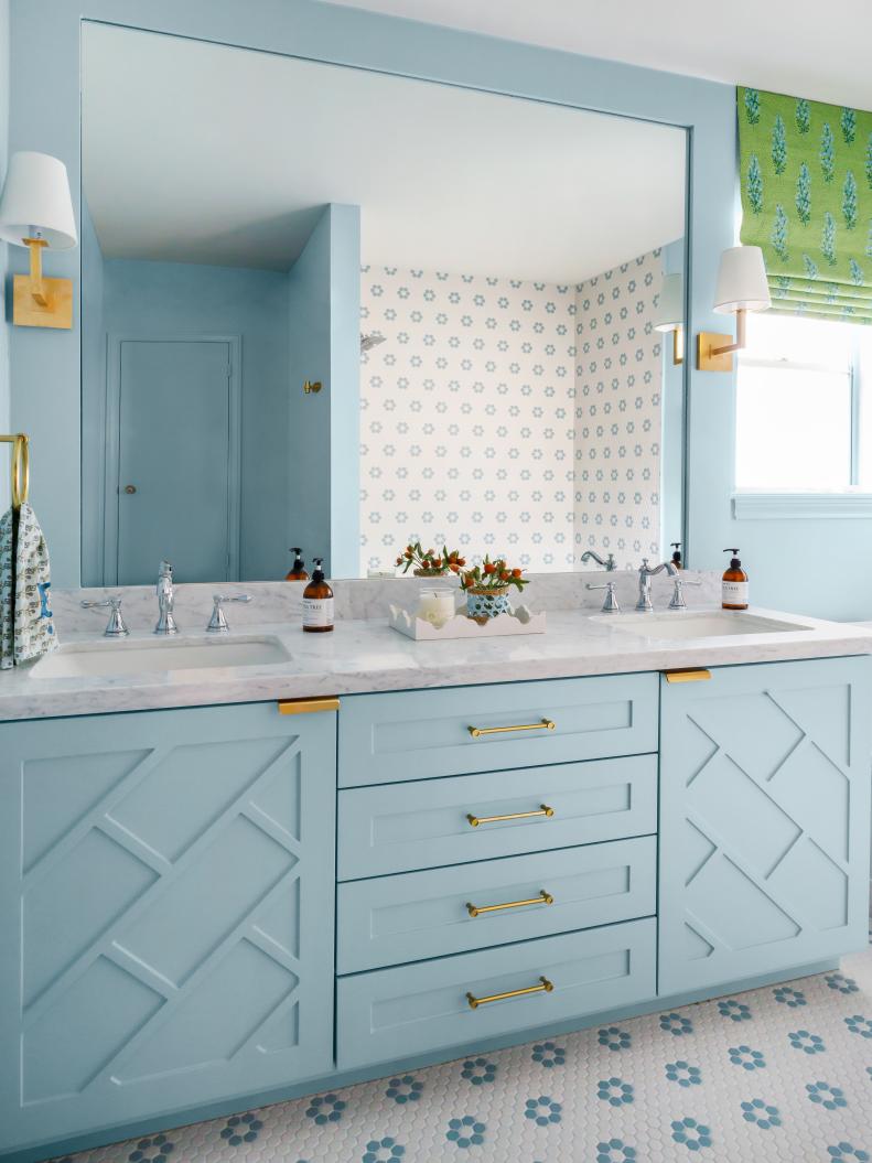 Pale Blue Bathroom With Penny Tile