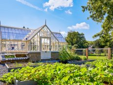 A greenhouse and raised garden beds filled with green plants.