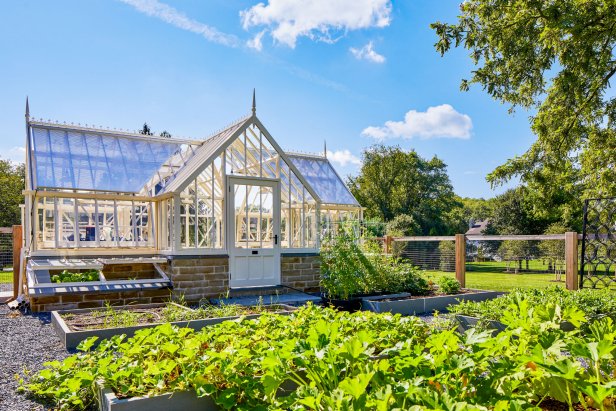 A greenhouse and raised garden beds filled with green plants.