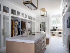 White Contemporary Walk-In Closet With Double Islands 