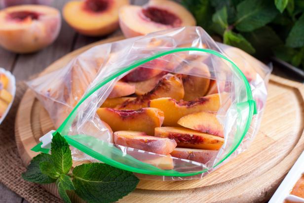 Frozen slices of peaches in the bag