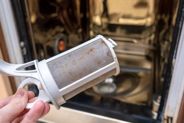 Maintenance and repair of dishwashing mashine, hand holding a dirty drain filter.