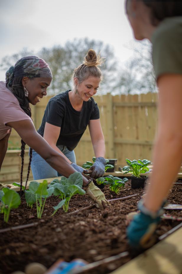 Jamila, Angela, and Tito plant vegetables in Angela's new garden beds, as seen on "Homegrown."