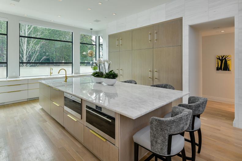 White Chef Kitchen With Gray Barstools