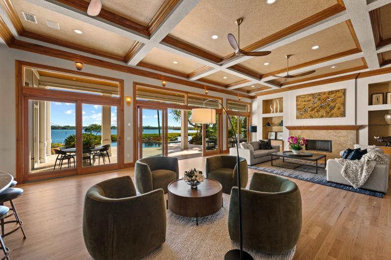 Waterfront Living Room With Coffered Ceiling