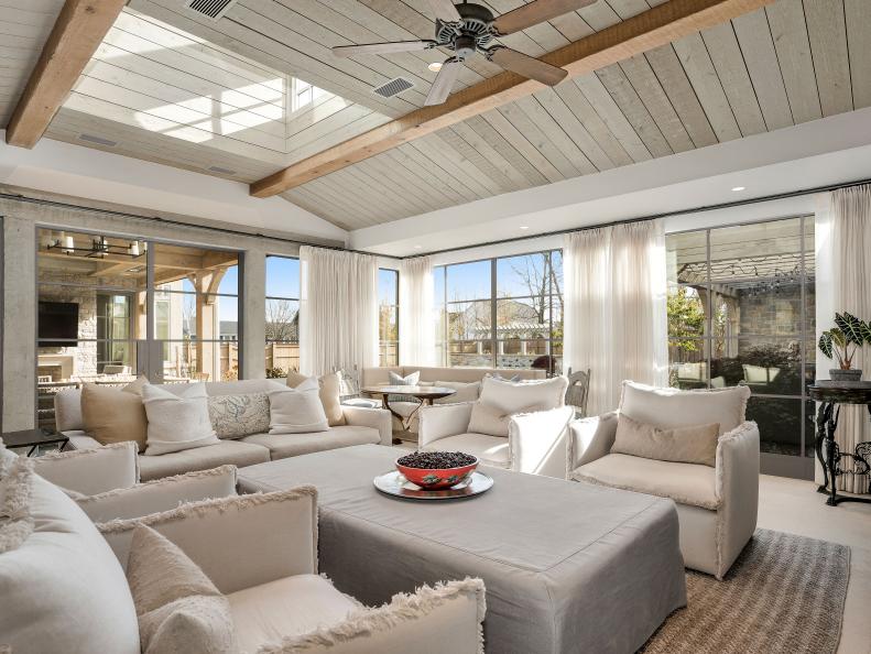 Neutral Living Room With Wood Ceiling