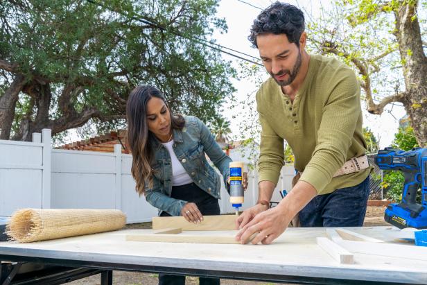 As seen on HGTV’s Build It Forward, hosts Shane Duffy and Taniya Nayak work on a project for one of the bedroom renovations.