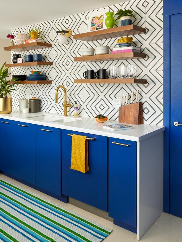 Eclectic Kitchen With Blue Cabinets and Open Shelves