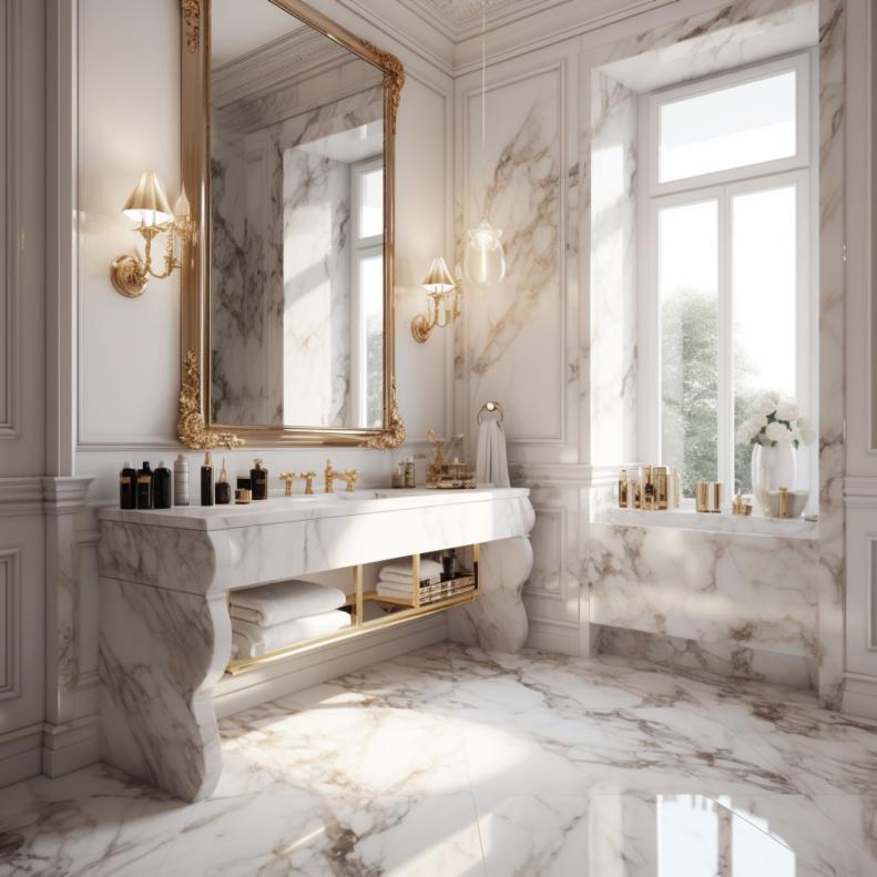 This white marble bathroom features gold accents.