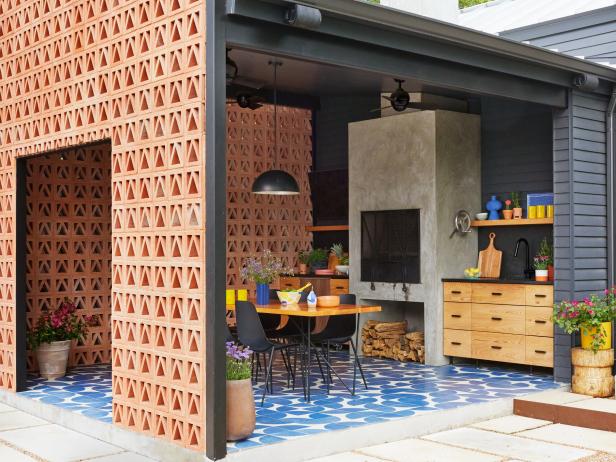 Outdoor Kitchen With Bold Colors and Patterns