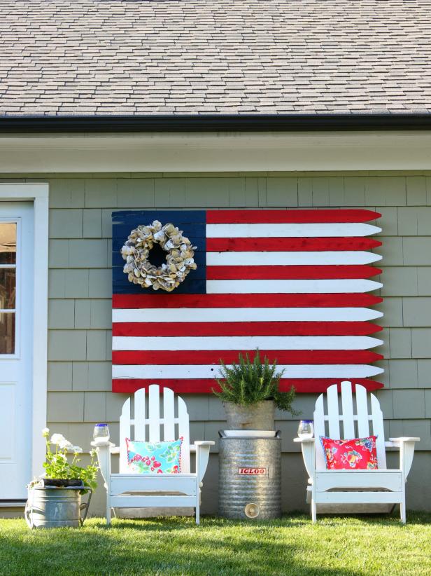 Yard Decorated for the 4th of July with a Painted Wood Flag