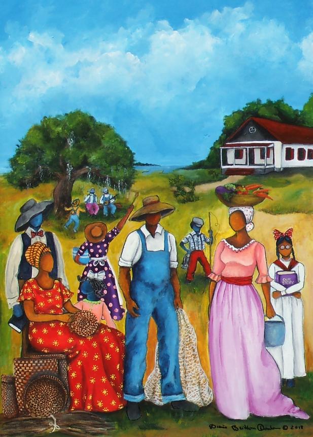 Gullah-Creole Artist Diane Britton Dunham is a well-known painter who combines her Creole heritage with life in the Lowcountry to depict Gullah life.