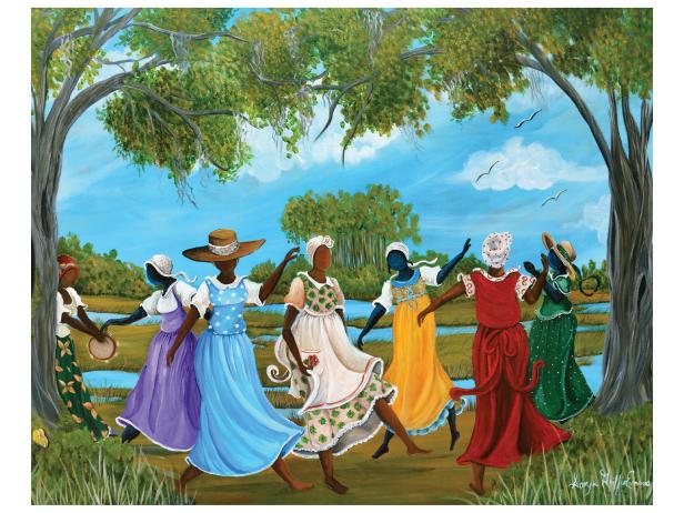 Freedom Dance is a painting by Sonja Griffin Evans, a mixed-media artist from Beaufort, South Carolina. Her paintings utilize wood and tin to capture the spirit of the Lowcountry and pay homage to her Gullah heritage.
