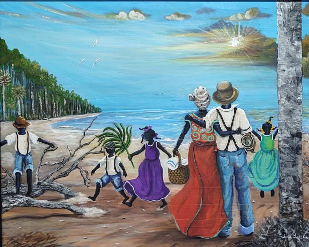 Gullah Beach Day is a painting from Sonja Griffin Evans, a mixed-media artist from Beaufort, South Carolina. Her paintings utilize wood and tin to capture the spirit of the Lowcountry and pay homage to her Gullah heritage