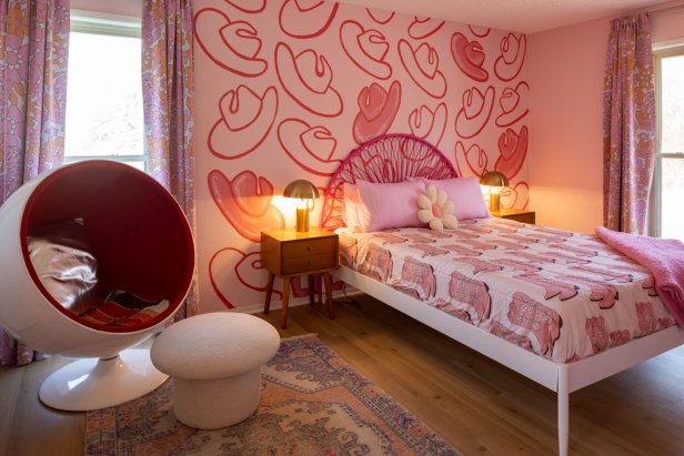 Bedroom With Rattan Headboard and Cowboy Hat Painted Mural 